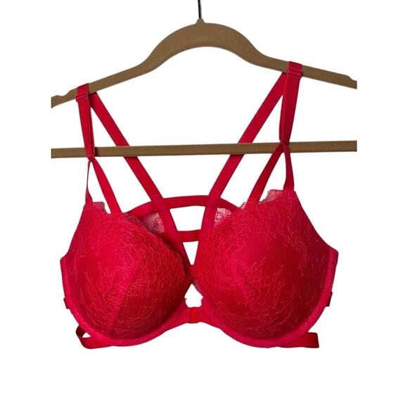 Victoria's Secret Sexy Posey Lace Push-Up Bra 34D Red Strappy Back Front Latch - Picture 1 of 12